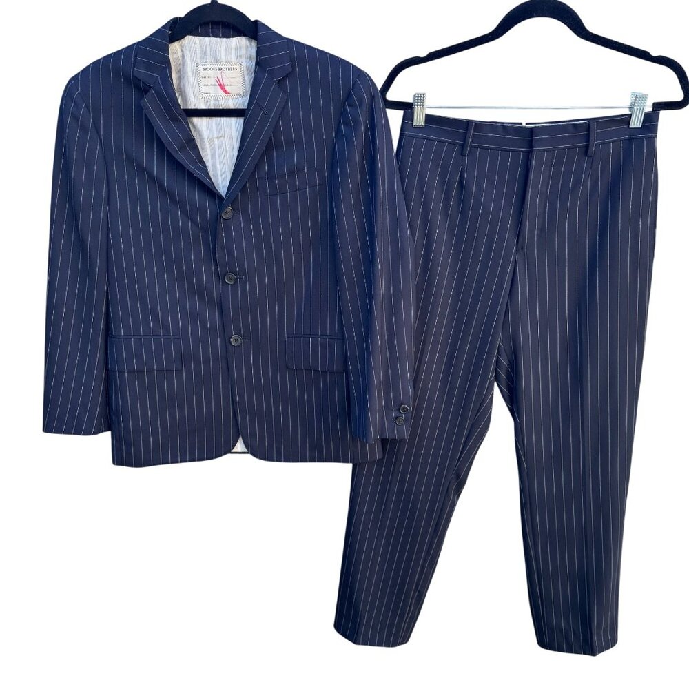Brooks Brothers 1818 Thom Brown Black Fleece Wool Navy Pinstripe Suit Made Italy